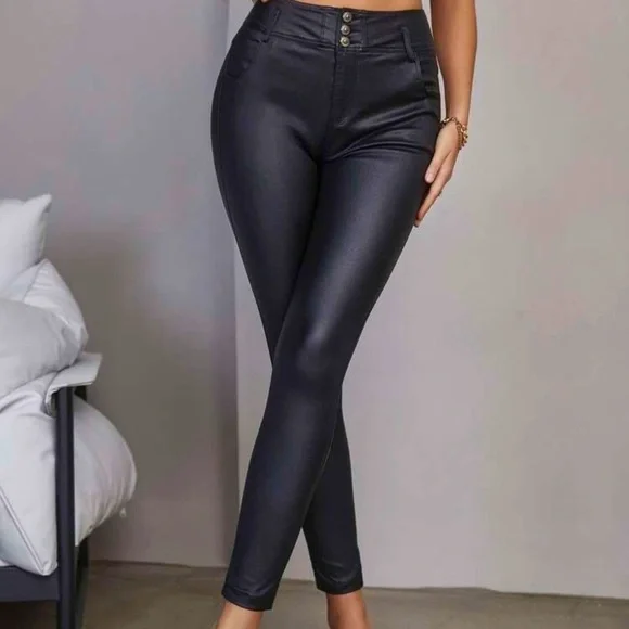 Jeans - Black Leather Look - Picture 2 of 7